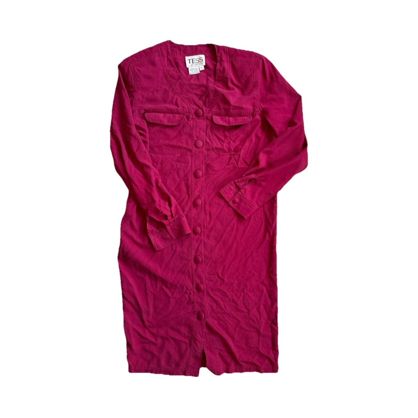 TESS Pink 100% Silk Button Pocket V-Neck Long Sleeve Shirt Dress Knee Length 6