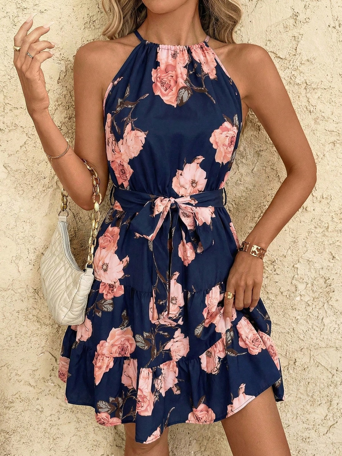 Bohemian Ruffle Hem Halter Neck Mini Dress