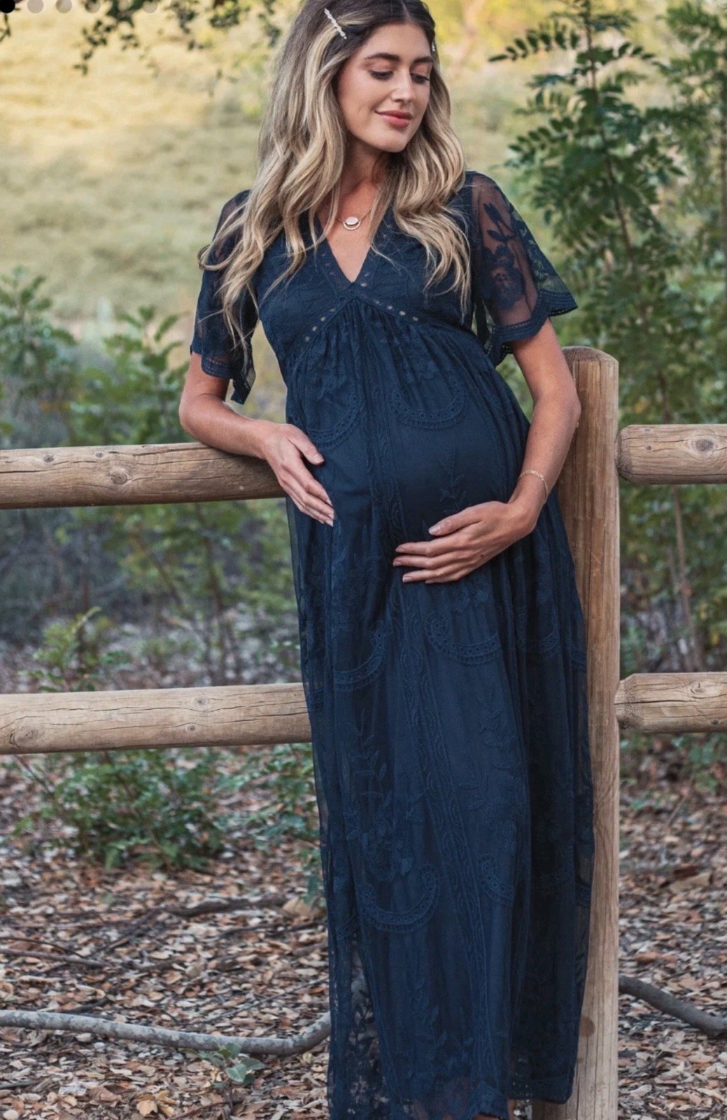 PinkBlush Maxi Maternity Dress Navy Lace Overlay Boho Womens Size Large NWT