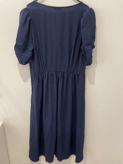 La Redoute Navy V-Neck Midi Dress Size 12 Short Puff Sleeves Draping RRP £52