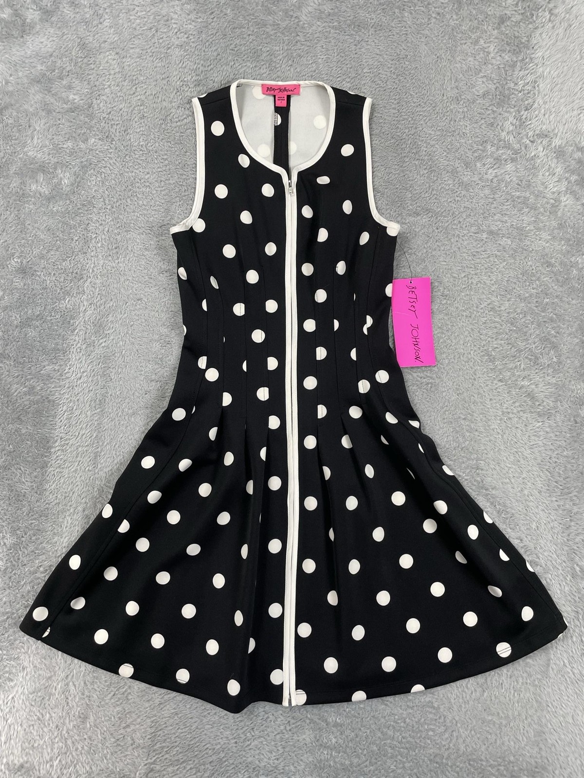 Betsey Johnson Fit & Flare Dress Womens 2 Black White Polka Dot Zip Front Knit