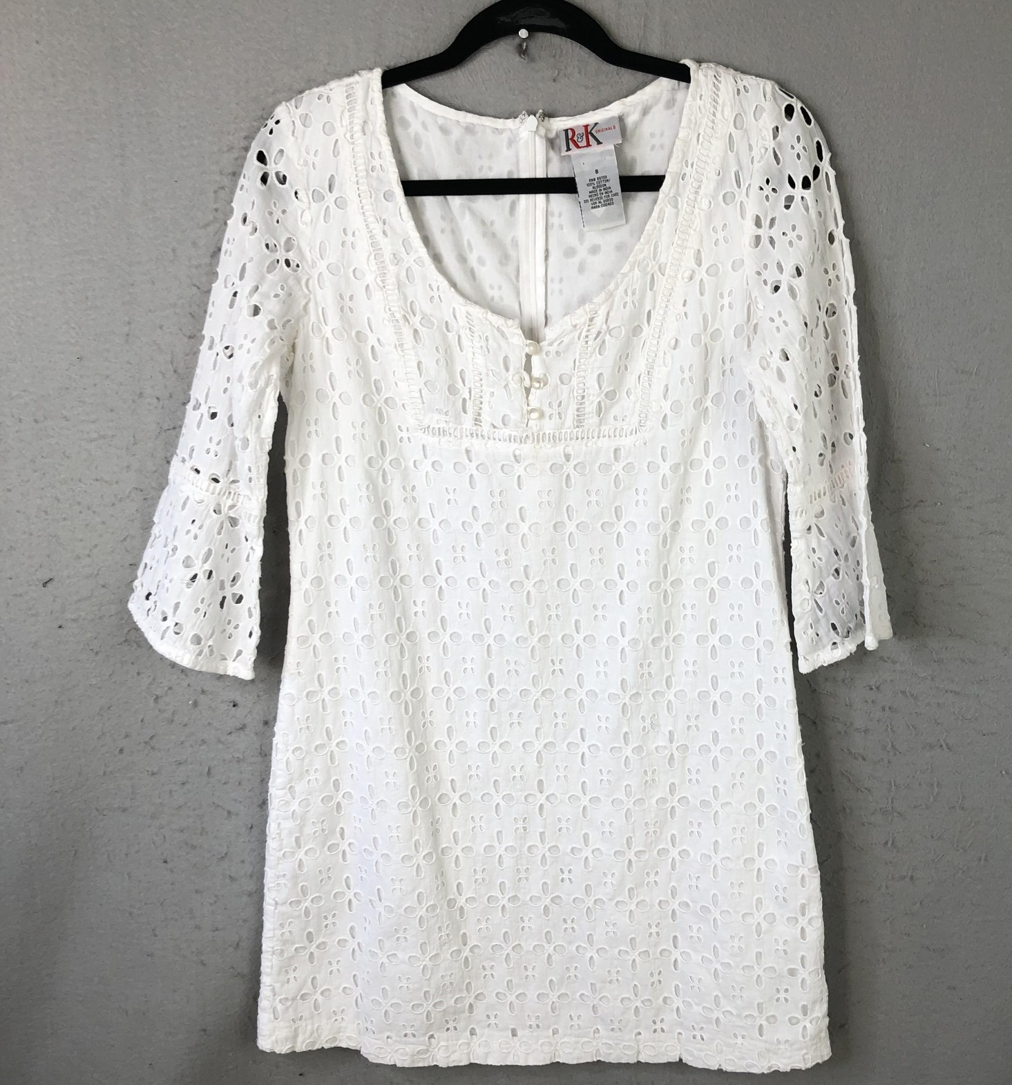 Feminine Dress Womens 8 White Eyelet Lace Bell Sleeve Boho Coquette PReppy