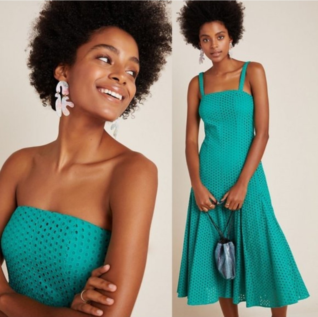 Maeve Anthropologie Leila Eyelet Pleated Strapless Midi Dress Green Size 14