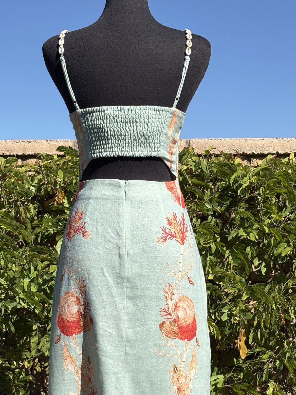 Caroline Constas SZ S Mint green/Multi shells print Squared neck Midi Dress-NWT