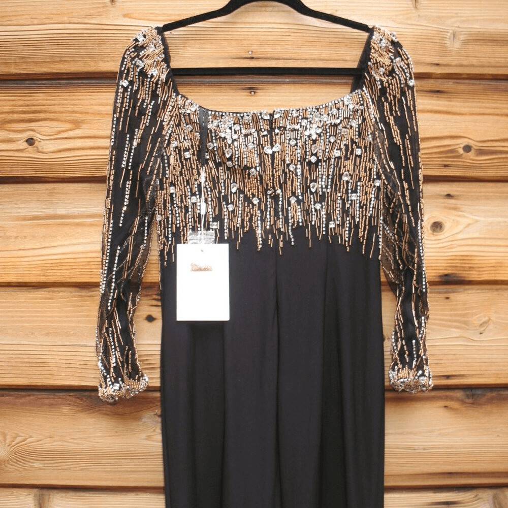 MAC DUGGAL 2256 Black Beaded Square Neck Long Sleeve Jersey Gown Size 8