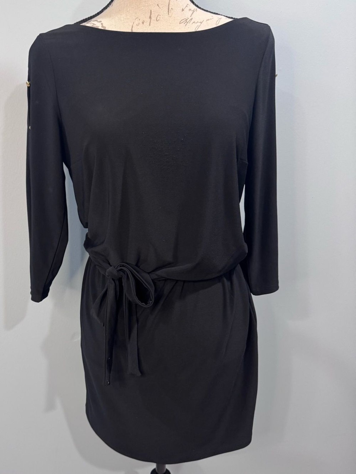 White House Black Market Black Boatneck Tie-Waist 3/4 Sleeve Dress