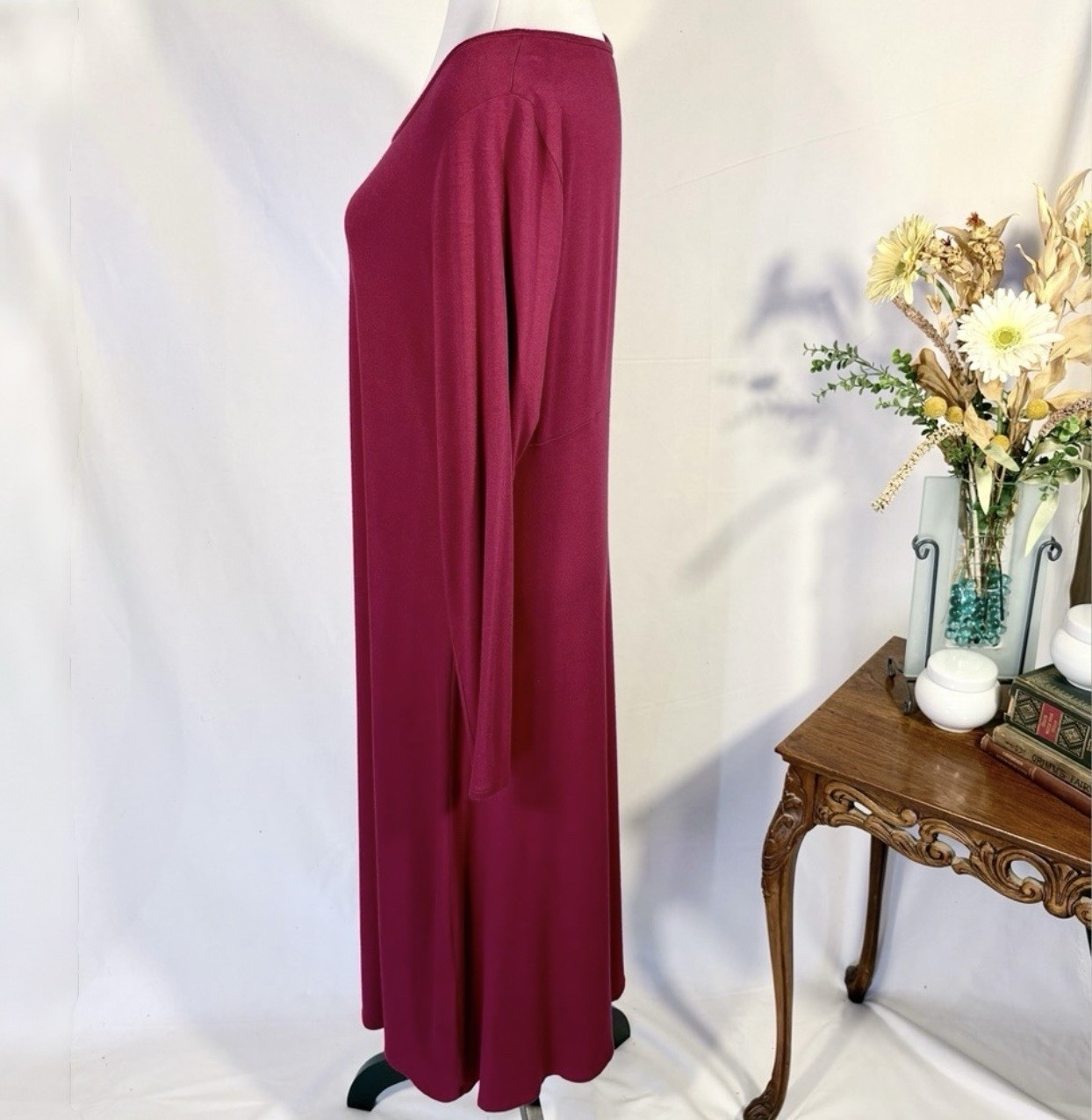 💥Eileen Fisher Scarlet Red Viscose Jersey Keyhole-Back Midi Dress Sz Medium 💛