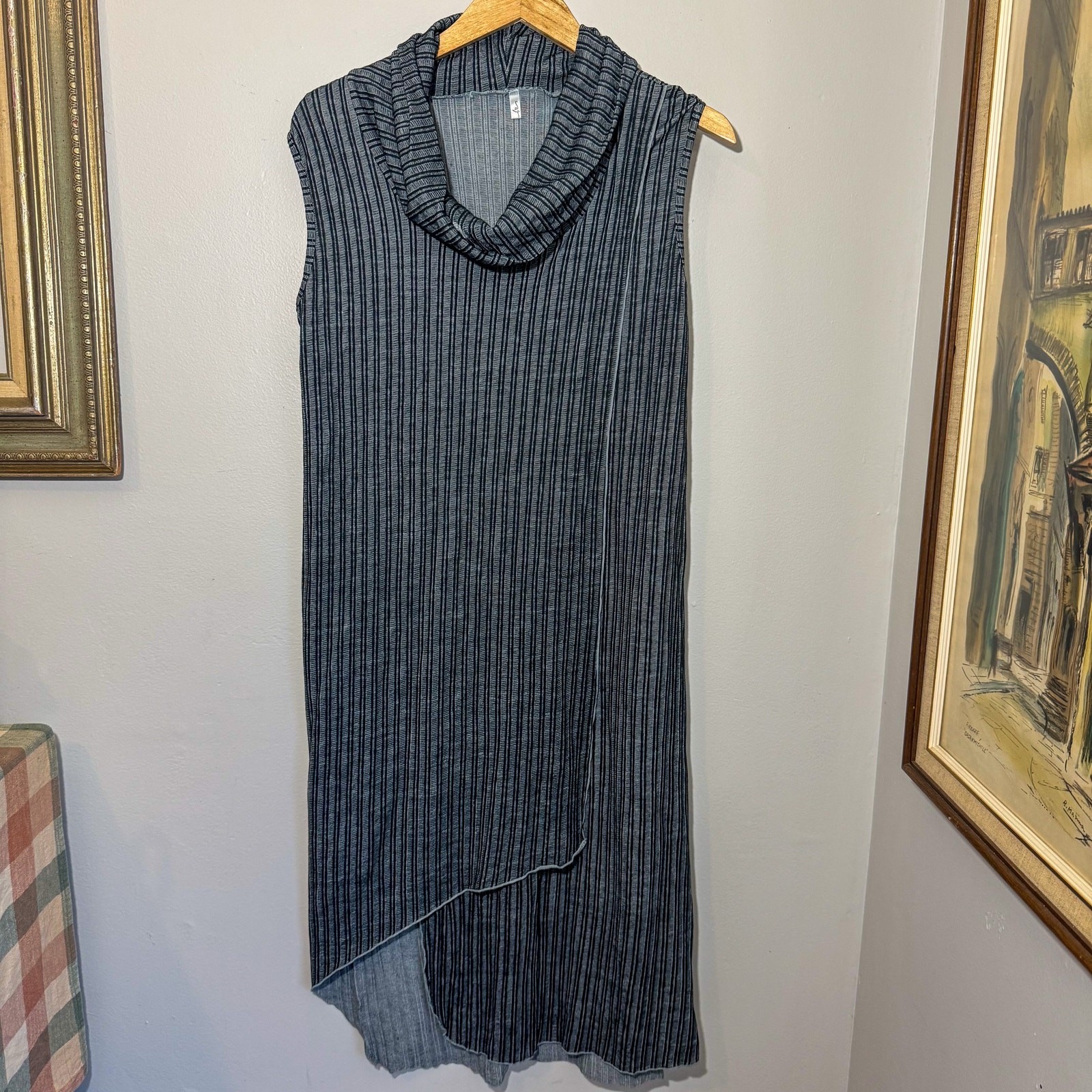 Vigorella Australia Wool Blend Striped Tunic Dress Cowl Neck Asymmetric Hem Gray