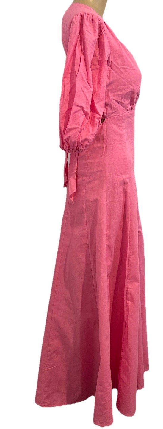All About May Womens Pink Linen Midi Dress Back Cut Out Puff Sleeve Size 10 New
