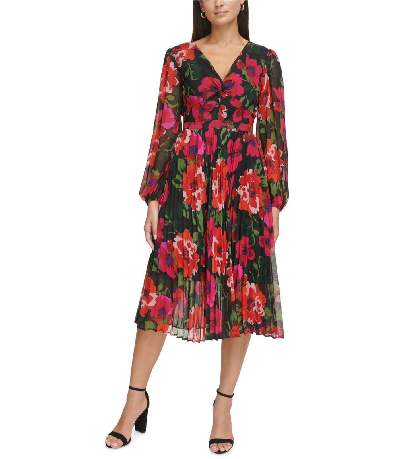 Kensie Womens Party Ruched Midi Fit & Flare Dress, black, 0
