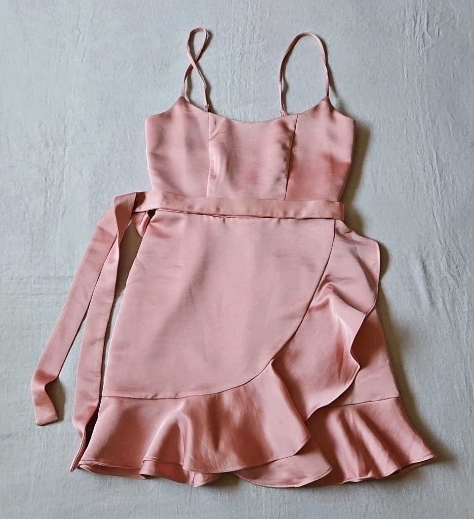 Lulus Salmon Pink Satin Wrapped Ruffle Strappy Belted Mini-Dress Size XS