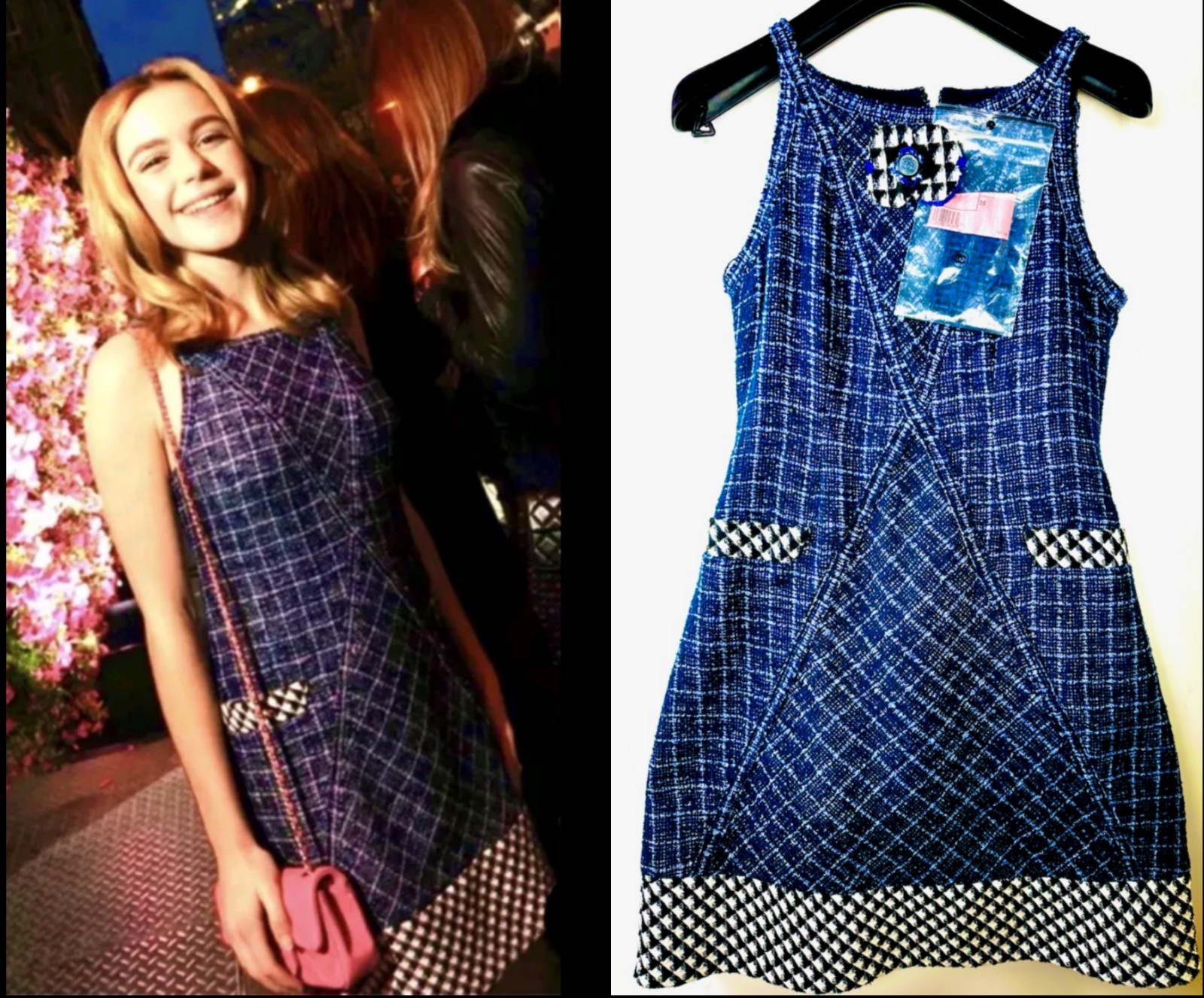 Mint Chanel 2013 Blue Black Check Tweed Boucle Midi Dress 34 36 2 4 Logo Vtg S M