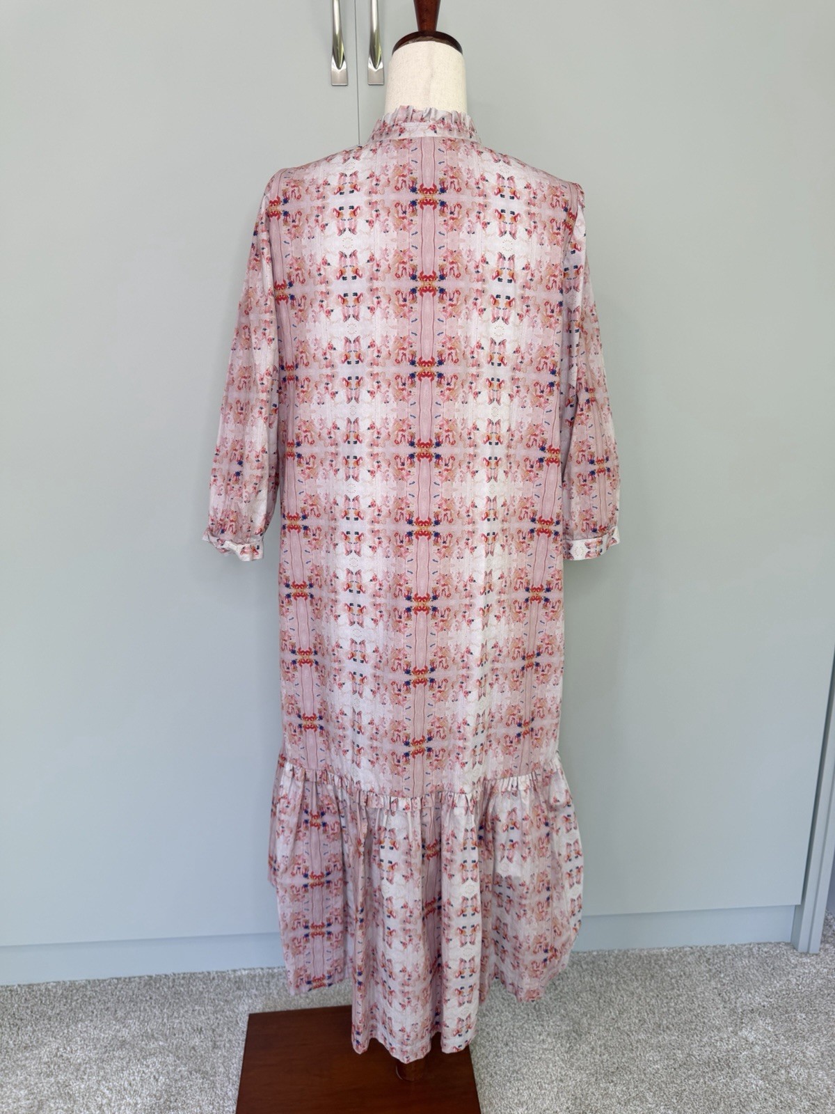 BROOKE WRIGHT DESIGNS 3/4 Sleeve Kaftan Midi Dress Ink Blot Peach Print Sz Large