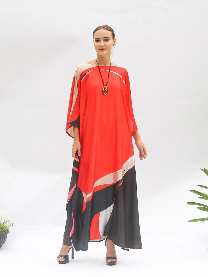 Most Beautiful Black & Red Caftan, Long Kaftan, Soft Satin Silk Kaftan J5823