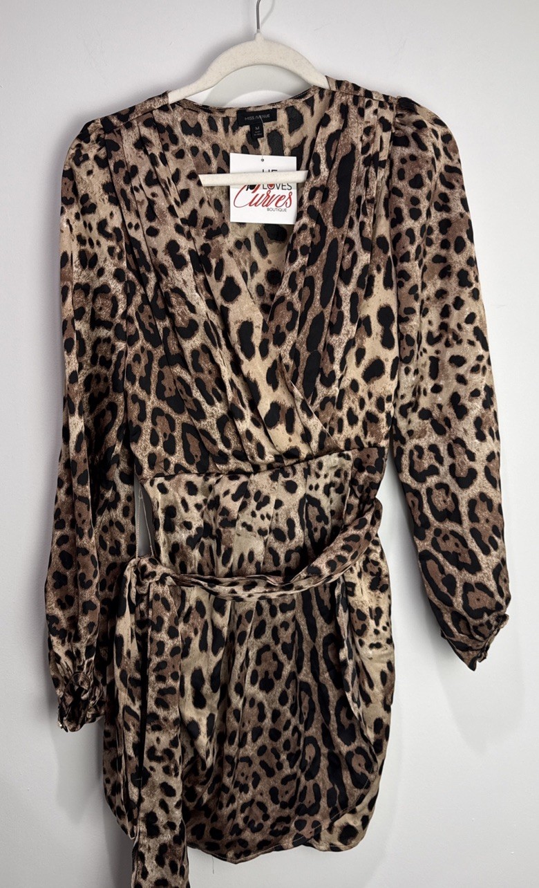 Miss avenue Short Dress Long Sleeve Lapel Deep V Neck Size M Leopard print