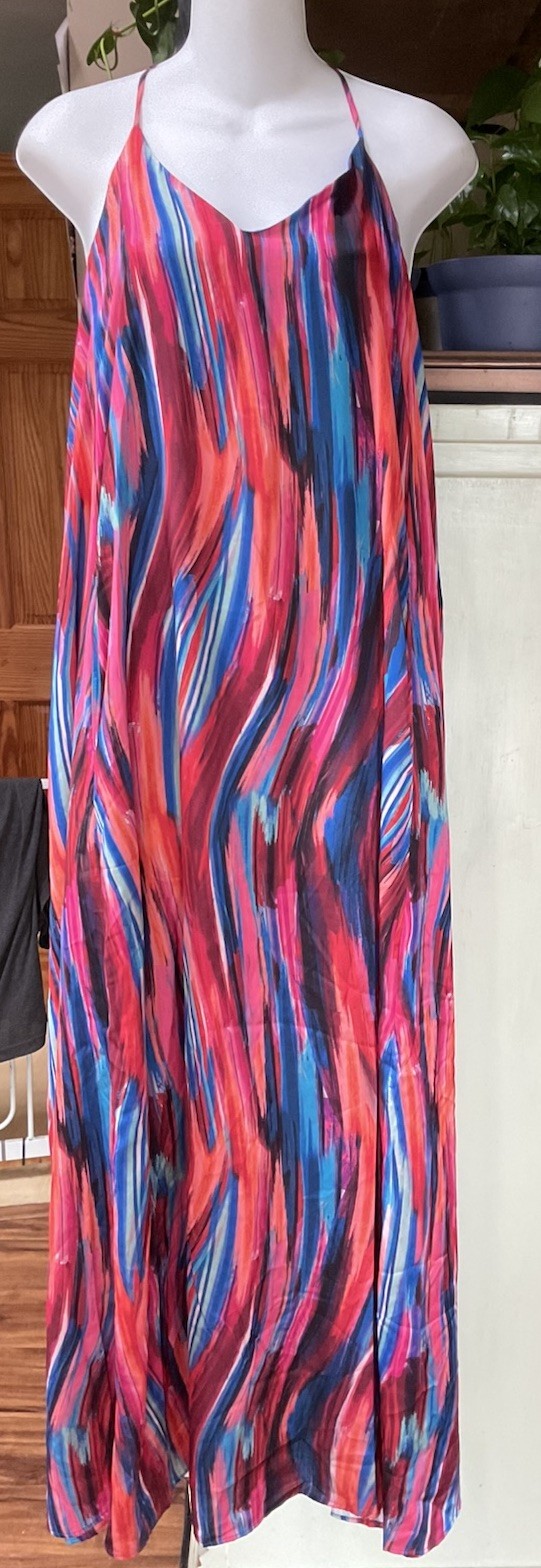 Nicole Miller New York Satin Abstract Stripe Print Maxi Slip Dress Size S NWT
