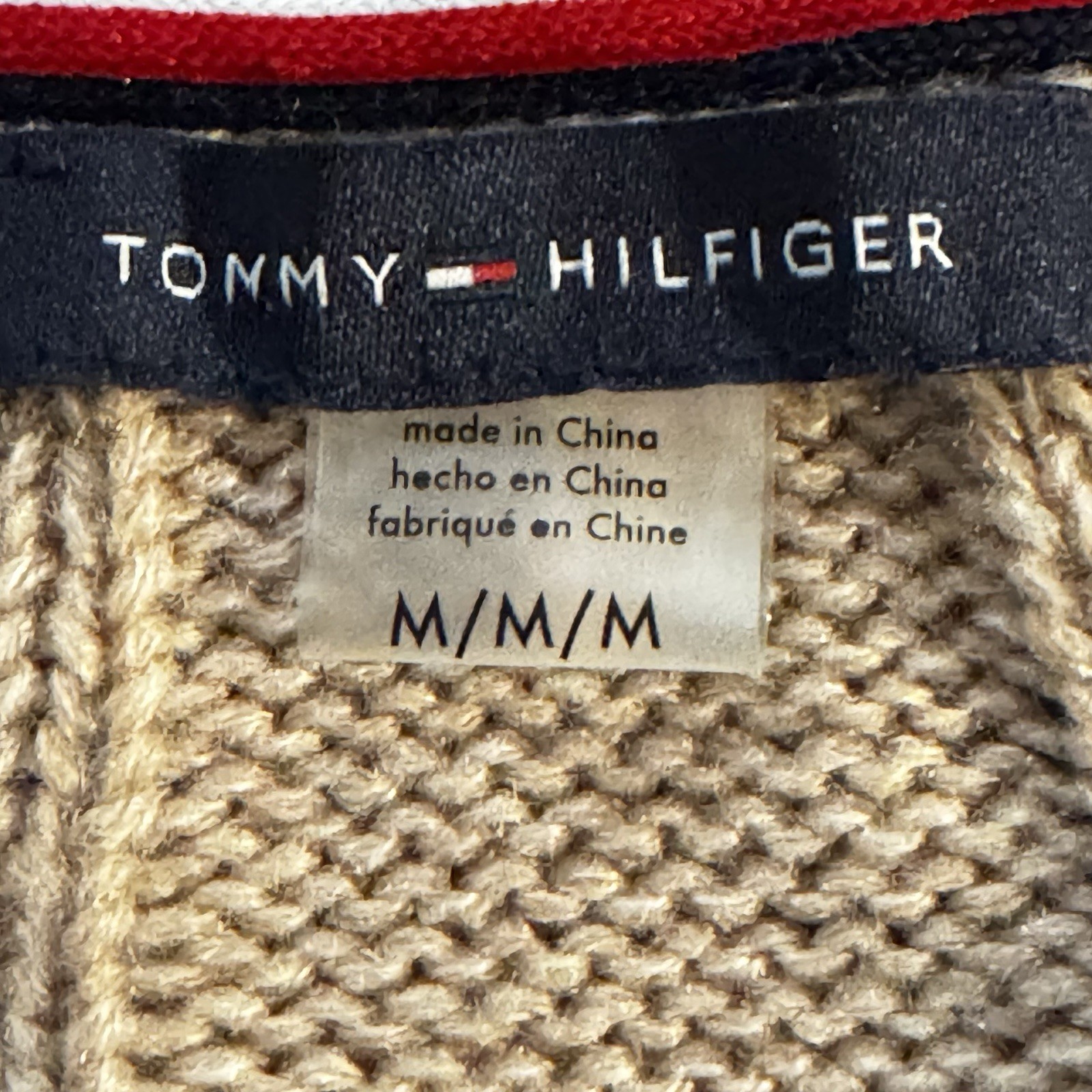 Tommy Hilfiger Chunky Cable Knit Varsity Dress M V Neck Camel Preppy Old Money