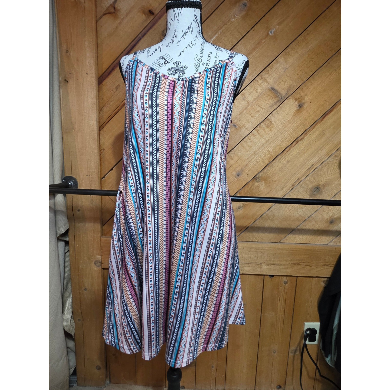 Boho Tribal Geometric Print Sleeveless Dress Multi-Color Spaghetti Strap Pockets