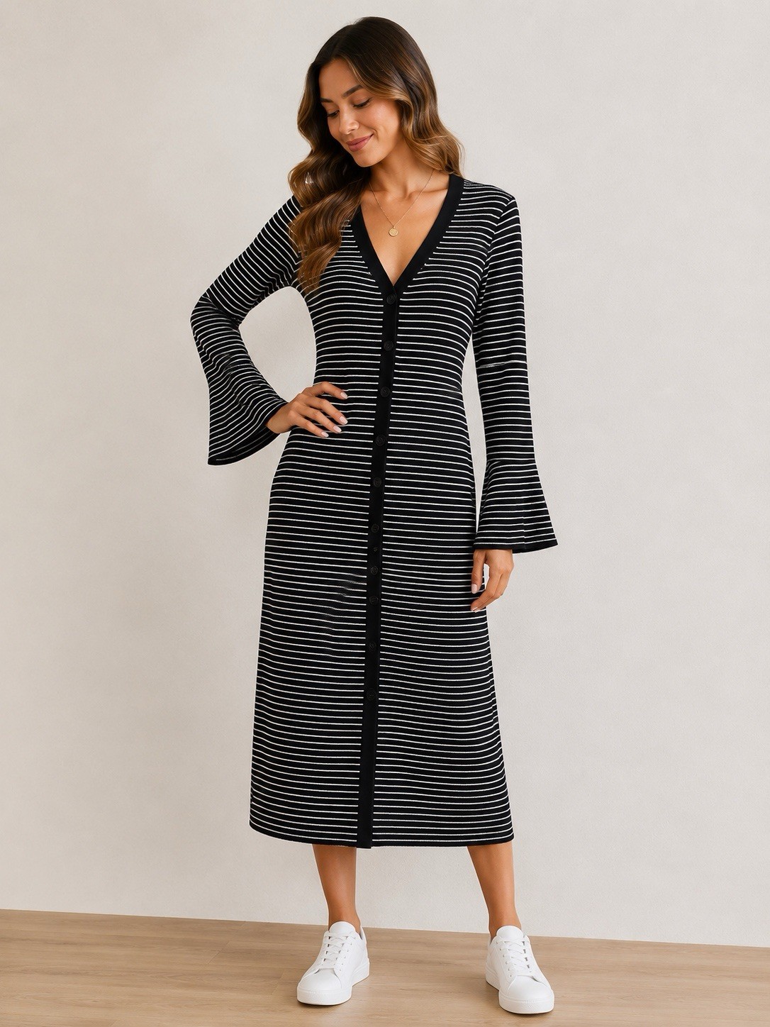 A New Day XL Ribbed Knit Midi Dress Black White Stripe Button Front NWT Stretch
