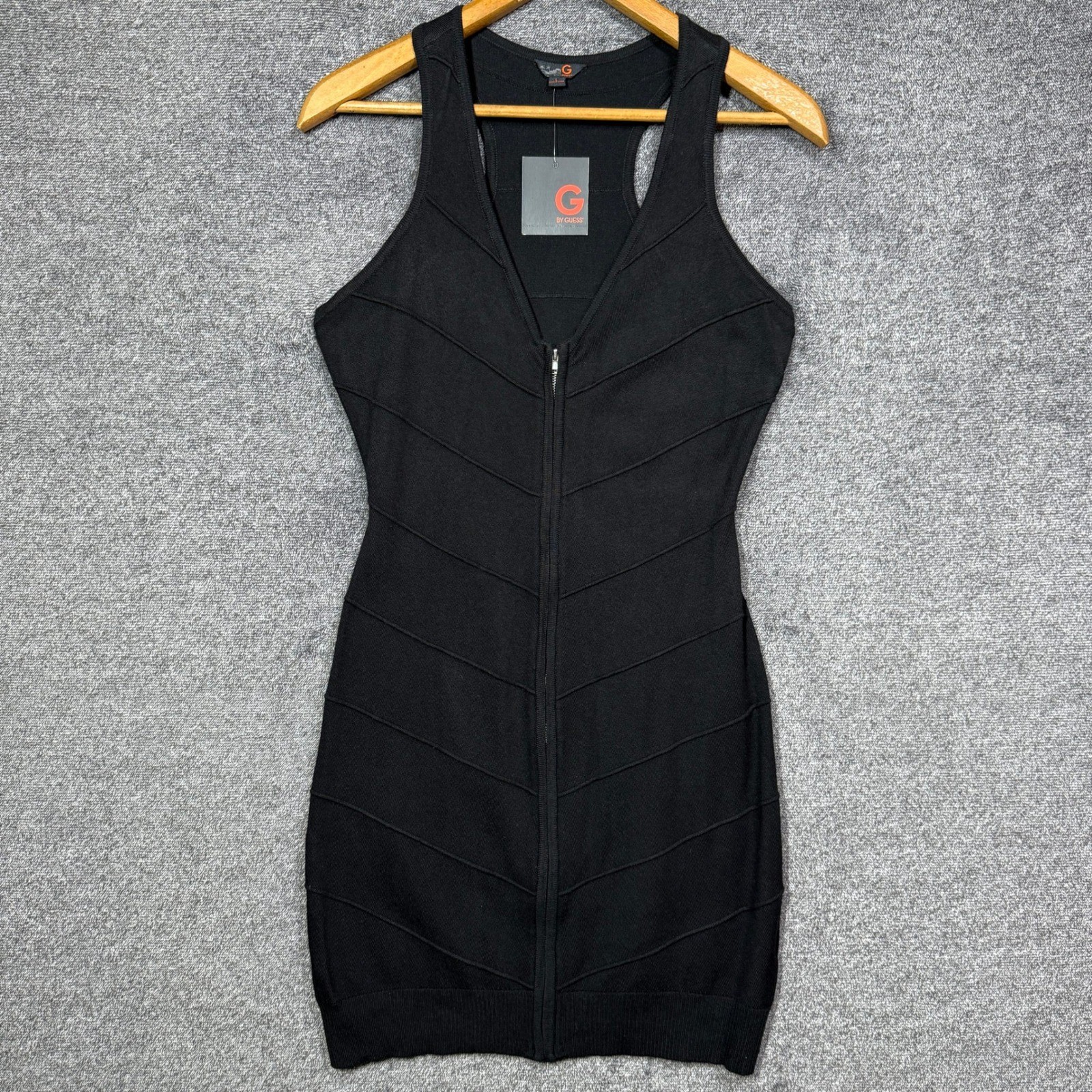 G by GUESS Yanelie V-Neck Sweater Dress Size L Jet Black Bodycon Mini Zip Front