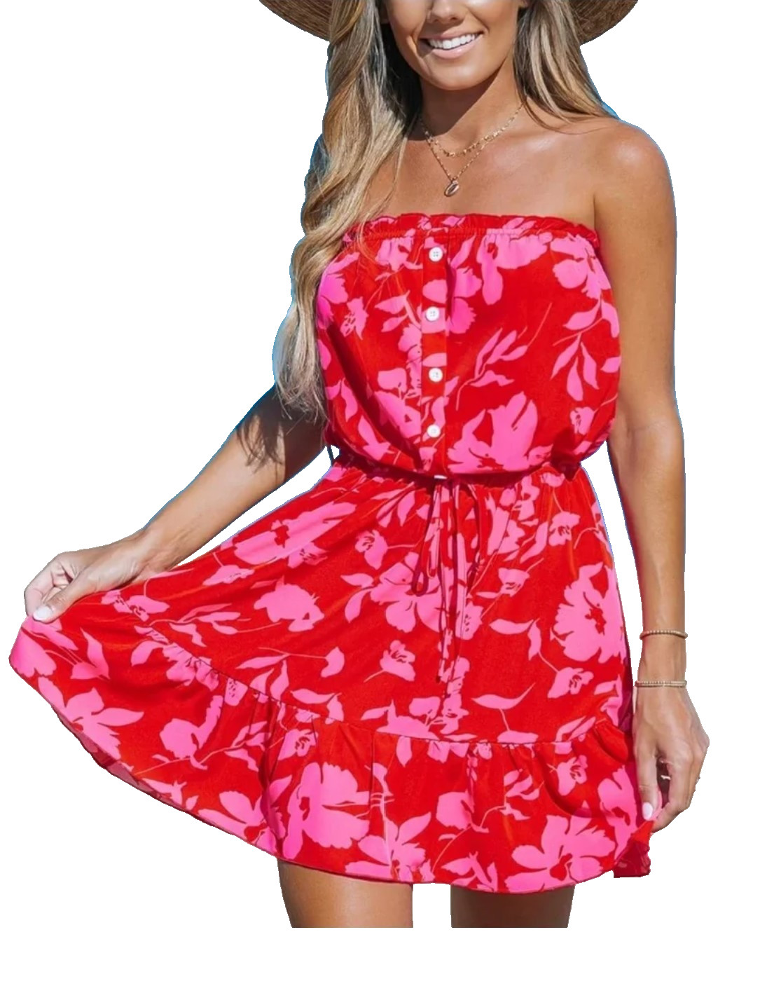 CUPSHE Live Life on The Beach Pink Red Mini Dress Strapless Tropical Women M