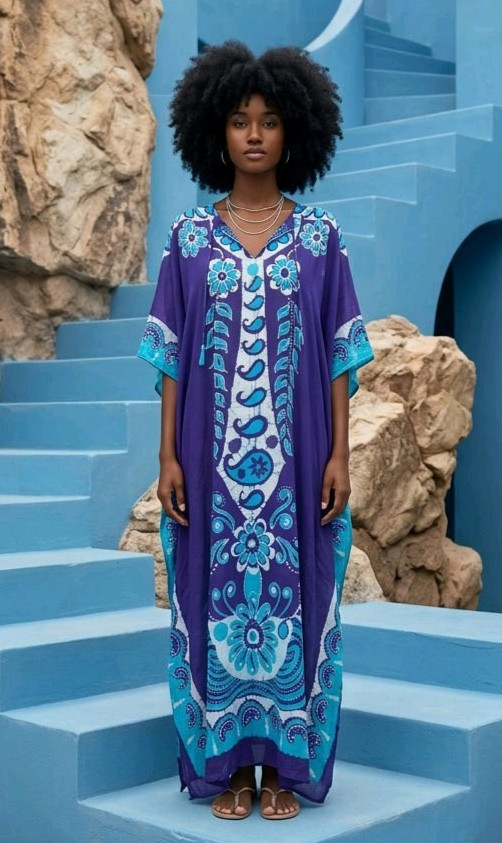 Batik Kaftan Dress Coverup Muumuu Handmade 100% Cotton Tropical Beachy Tribal L