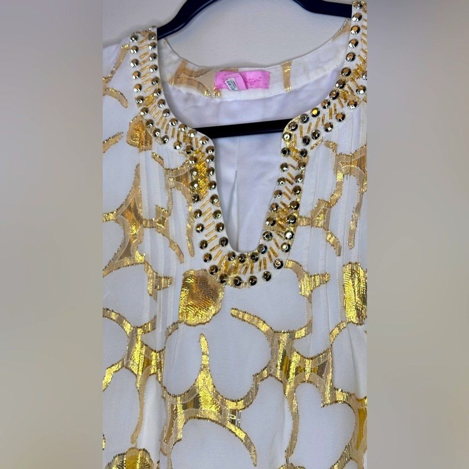 Lilly Pulitzer Silk Long Sleeve Mini Dress, Gold White, Size 2 Small