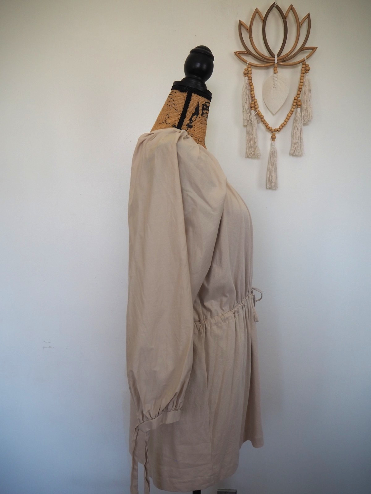 Zara Long Sleeve Button Front Beige Knee Length Drawstring Tie Waist Dress Sz M
