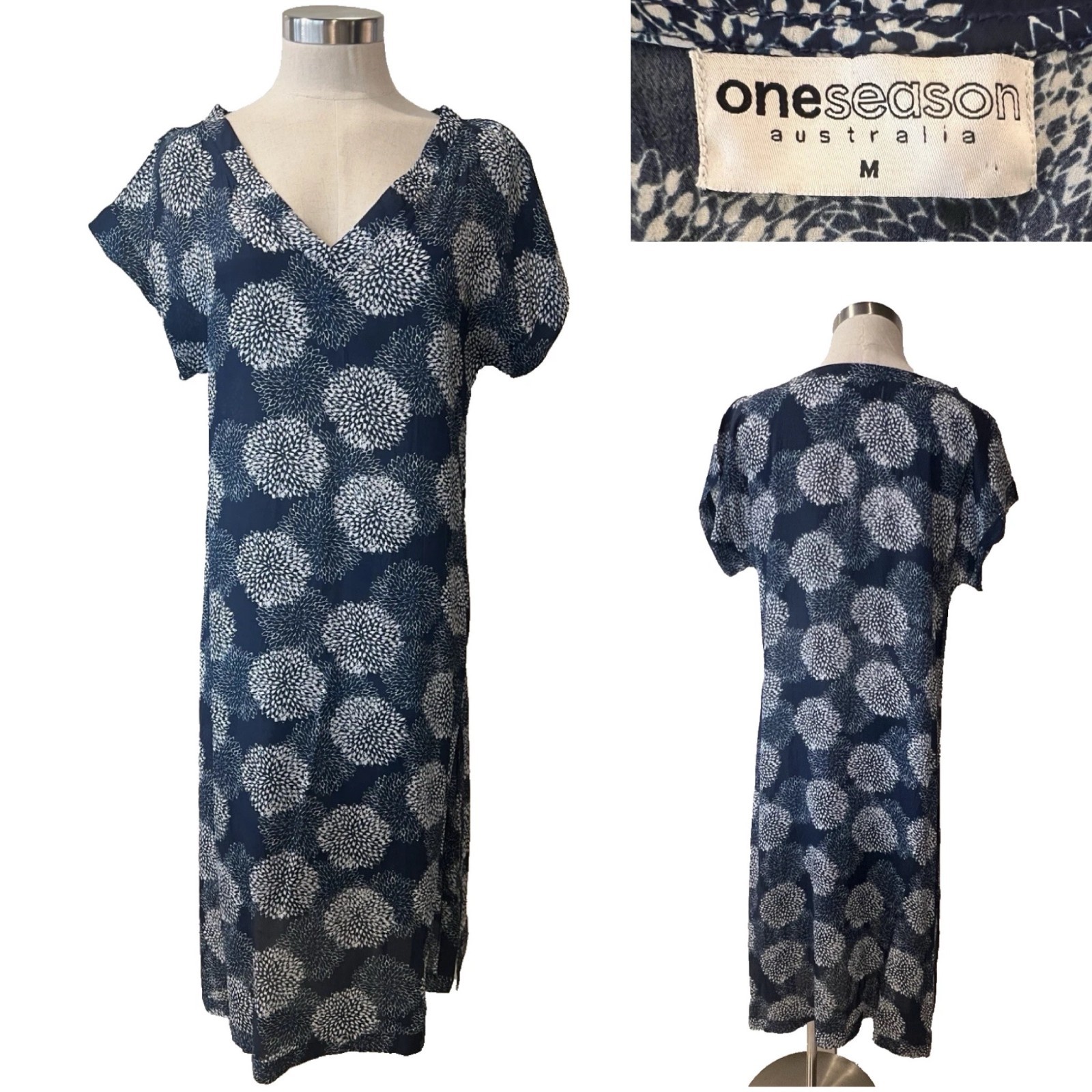 ONESEASON NWOT $200 Navy/White Poppy Floral Viscose, Cap Sleeve, Midi Dress M