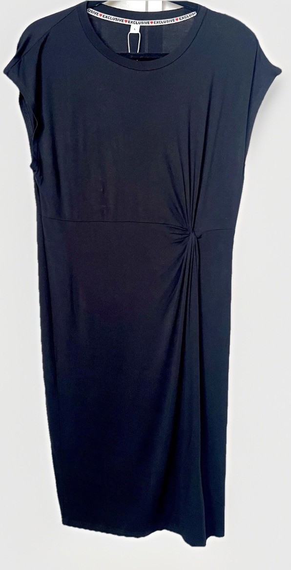 Exclusive Black Ultra Thin T-shirt Twist Tie Midi Dress Cap Sleeve Dress Sz: L
