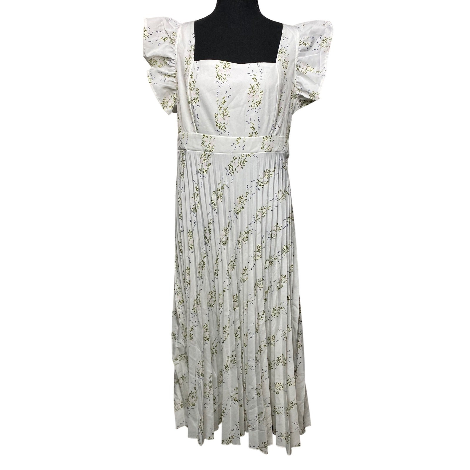Aveloria White Floral Ruffle Sleeve Pleated Maxi Dress Women’s Large 8/10