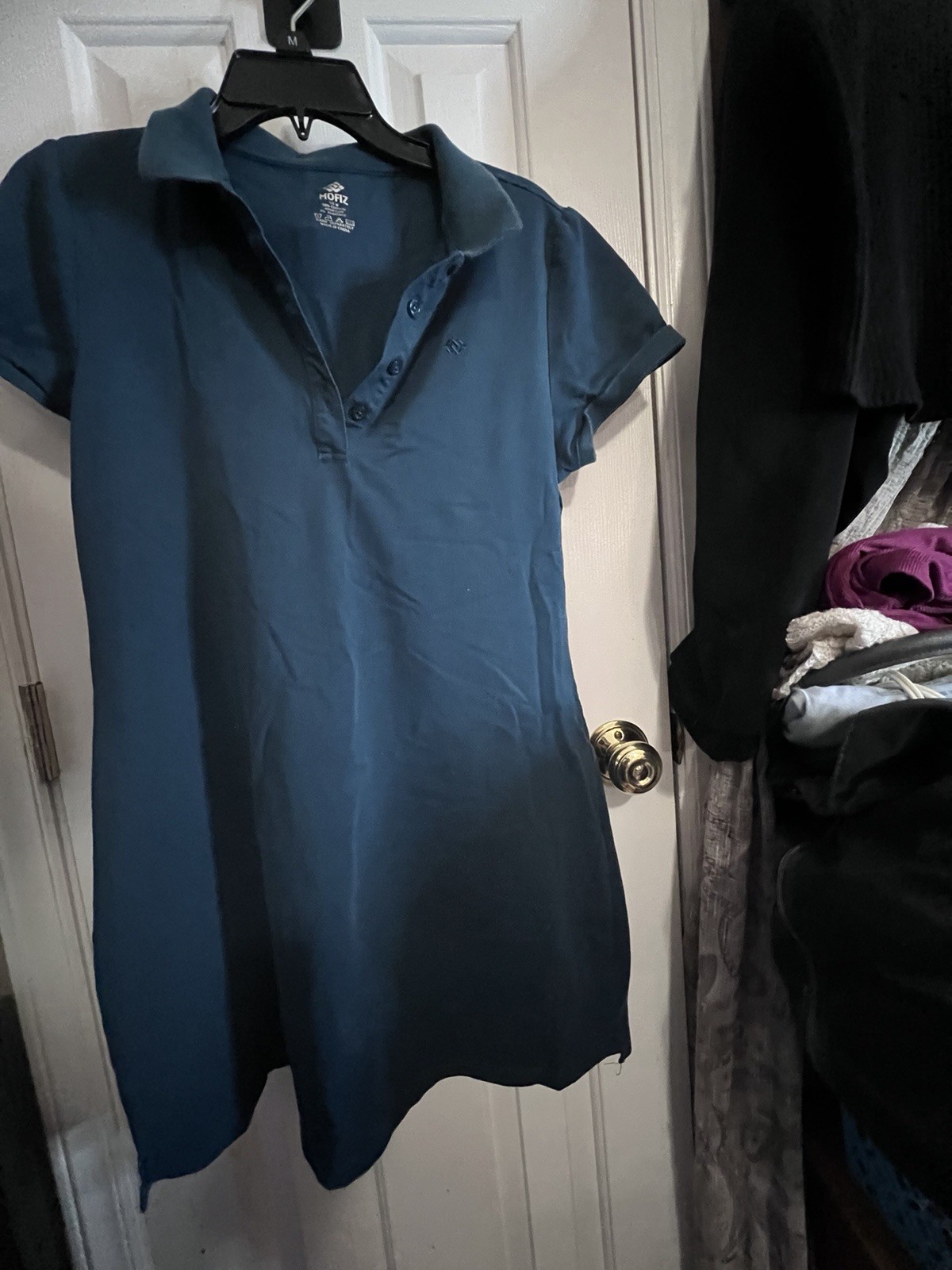 MOFIZ M Solid Blue Collared Knit Polo Dress Stretch Logo Accent Short Sleeve