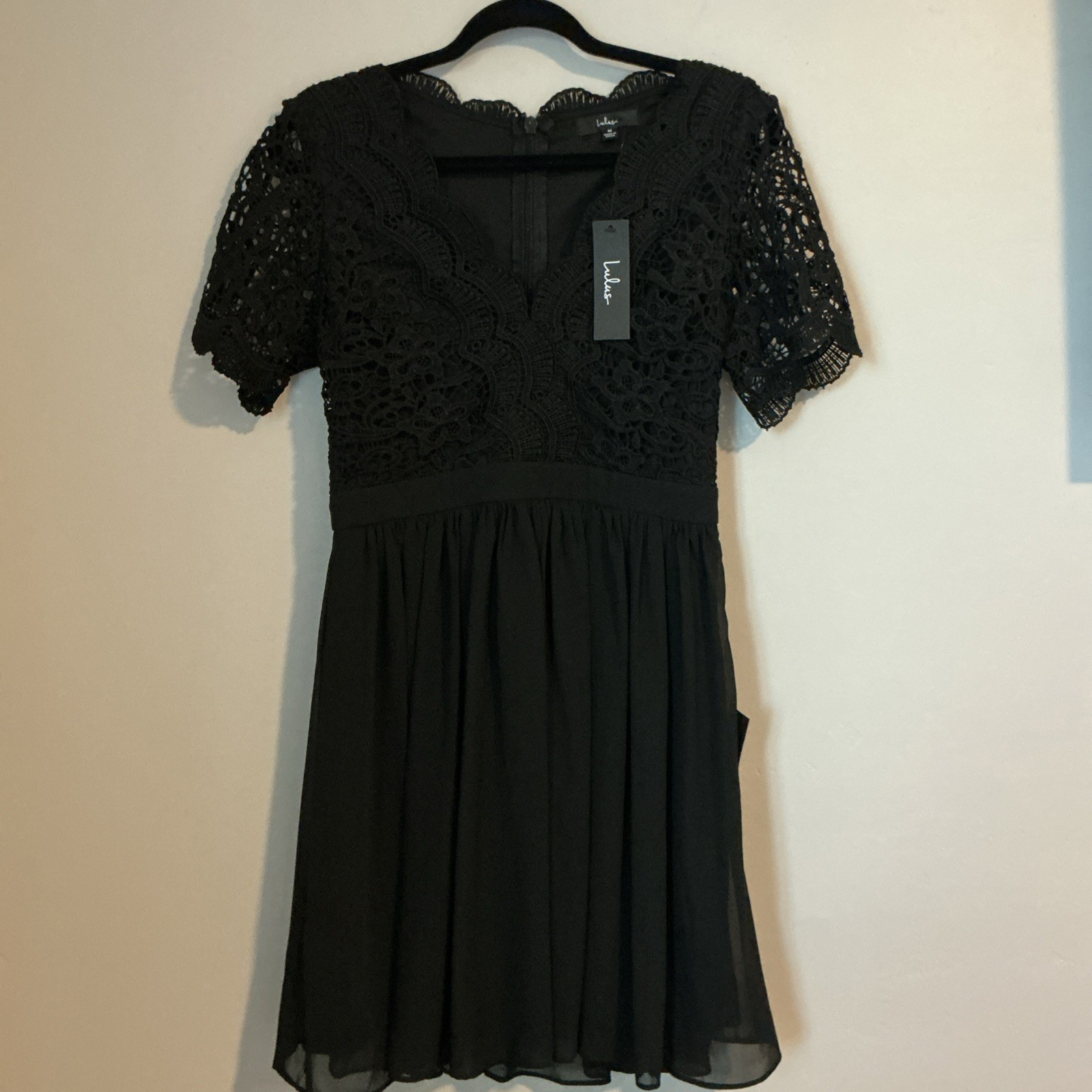 Lulus Angel in Disguise Black Lace Fit Flare Skater Dress Short Sleeve M NWT