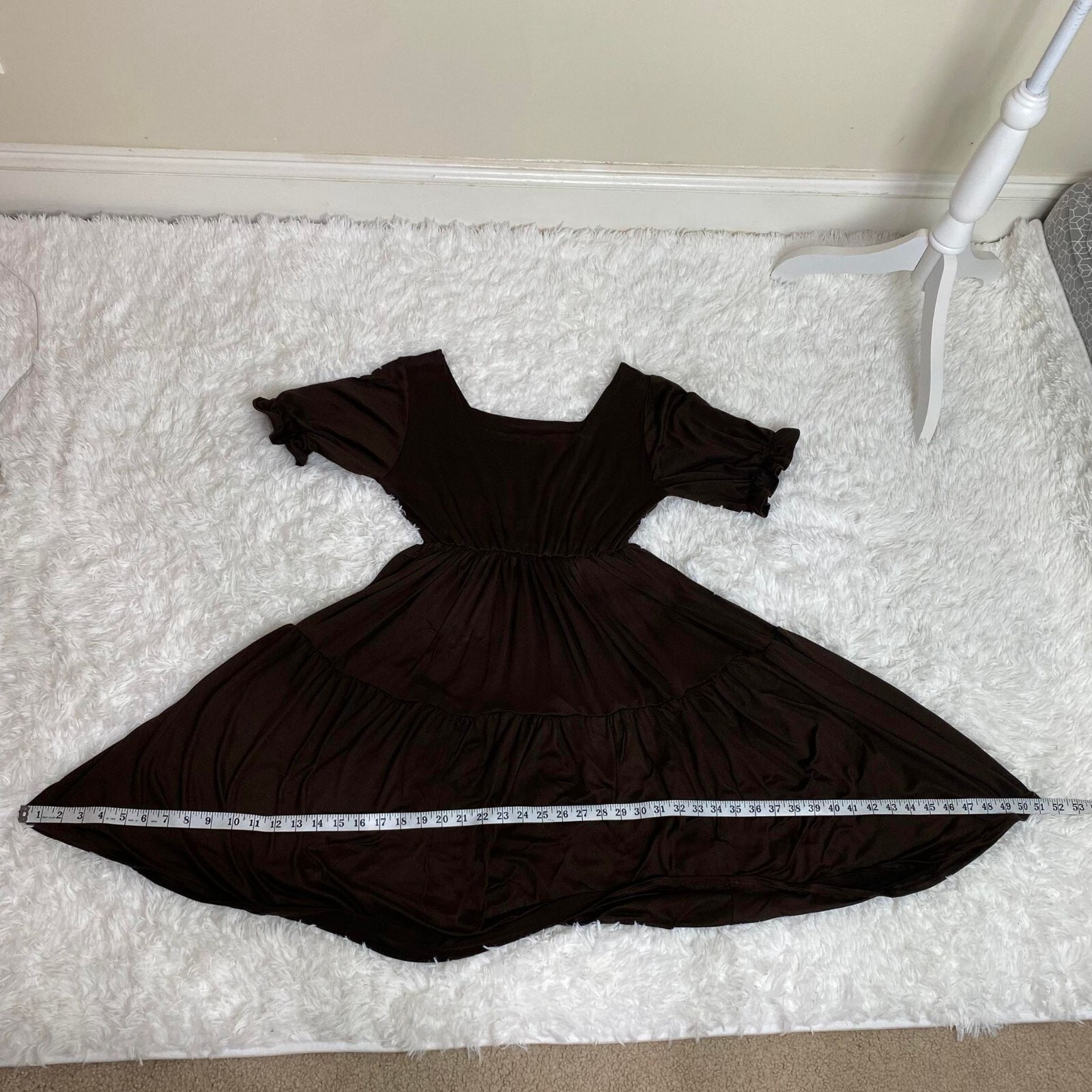 Puff Sleeve Square Neck Long Dress for Women, Fits Small to Medium,Brown