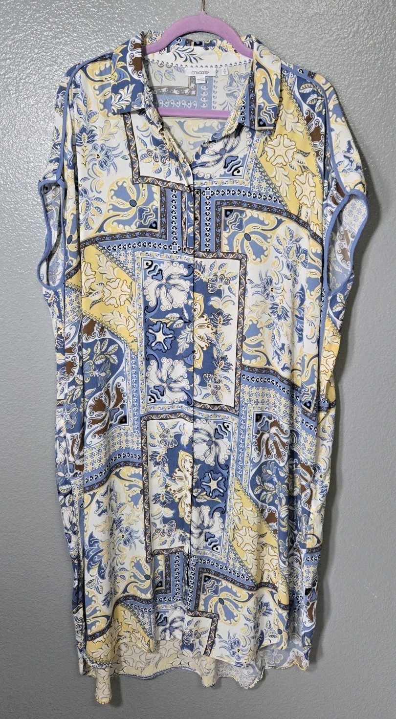 Chicos Floral Patchwork Knee Length Shirt Dress Blue White &Yellow Boho Chic