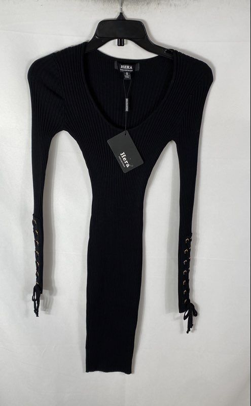 Hera Collection Women’s Black Ribbed Long Sleeve Lace-Up Cuff Dress Size S NWT