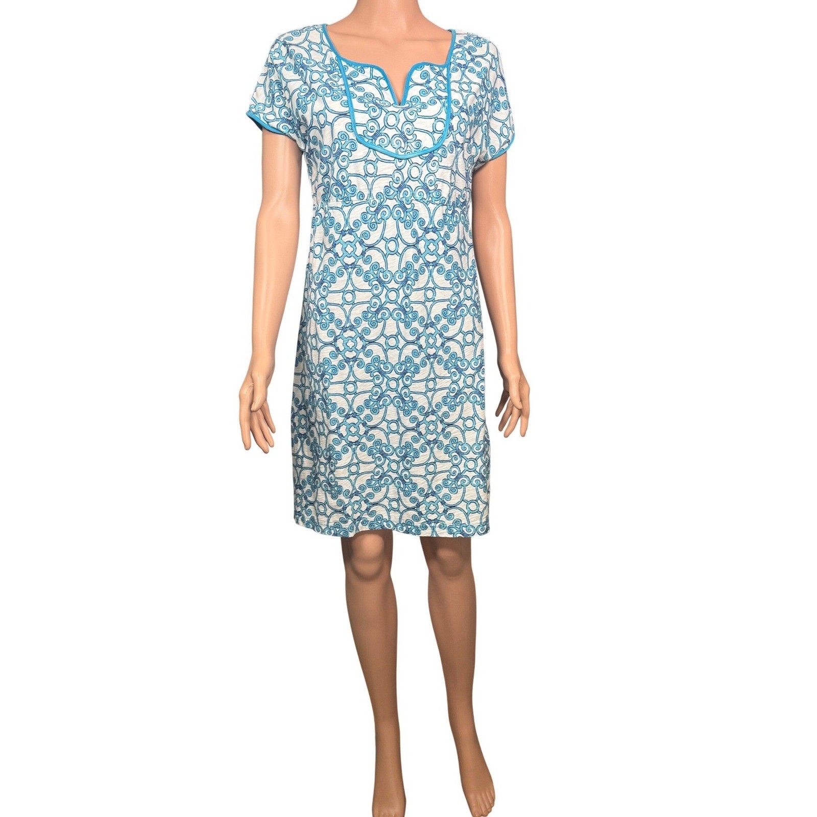 Tommy Bahama Womens Small Turquoise White Scroll Print Slub Knit Shift Dress