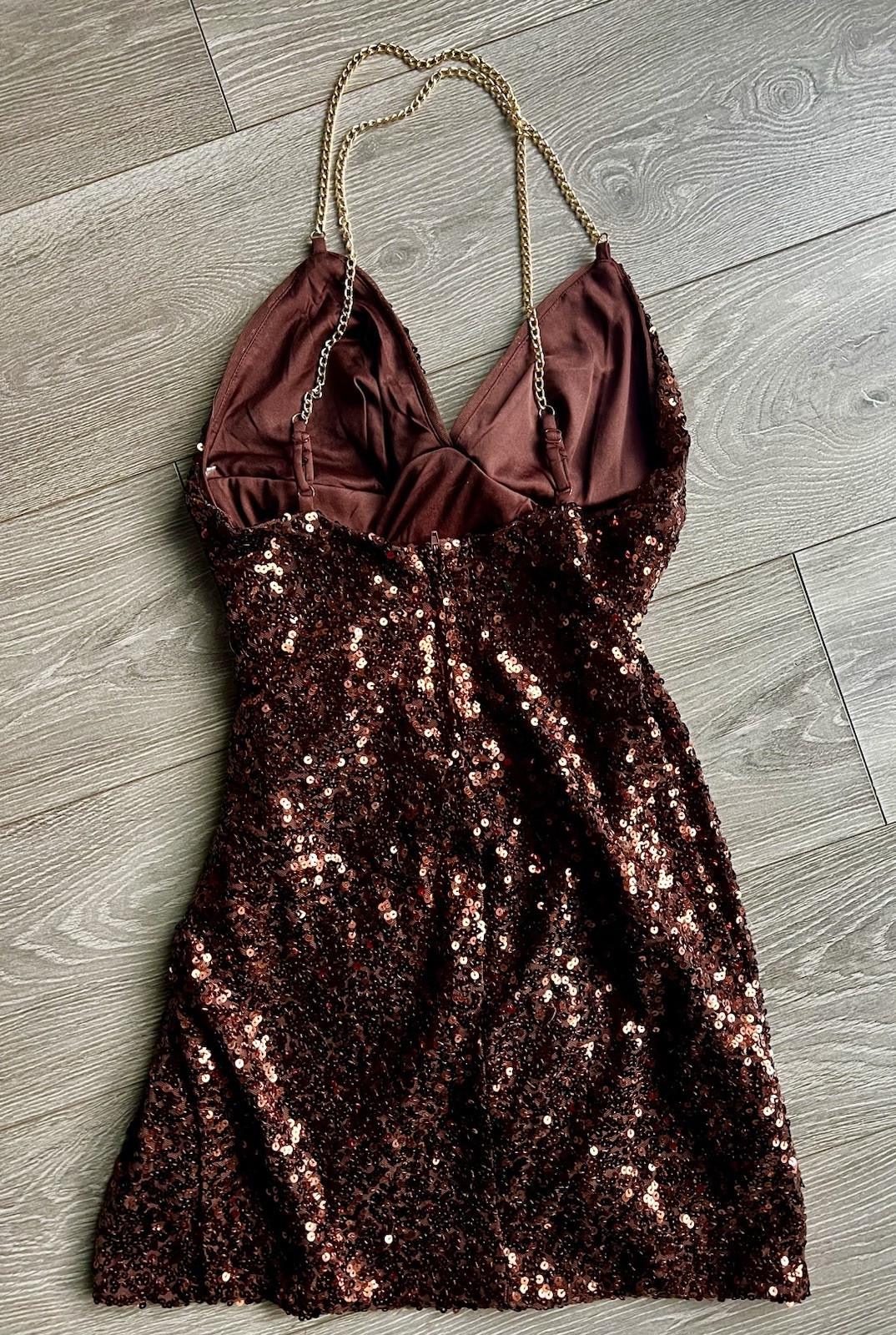 Crystal Doll Bronze Sequin Mini Dress Sz M Gold Chain Straps Ruched Party Dress