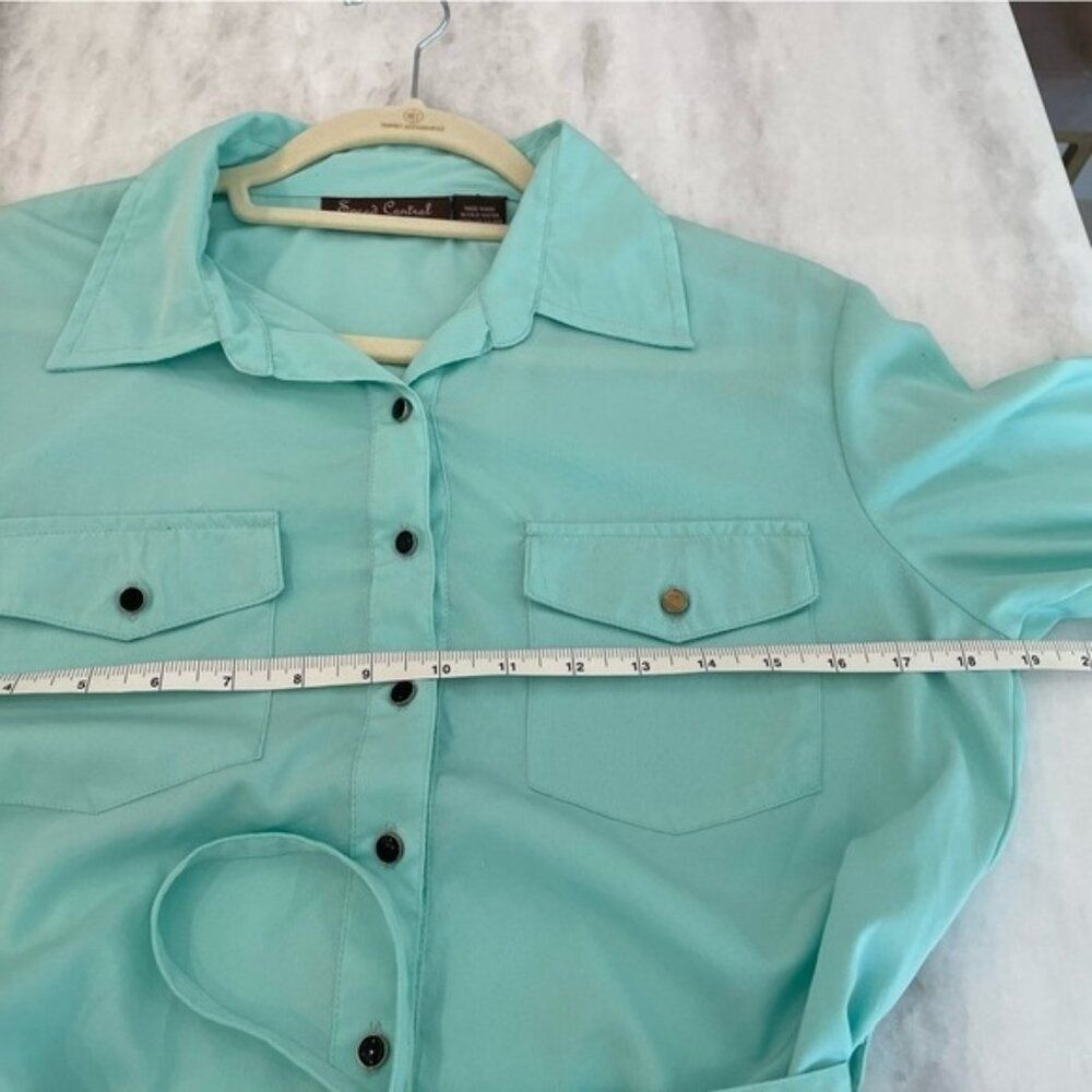 SPEED Control Aqua Turquoise Lightweight Long Sleeve Shirt Dress Button Belted