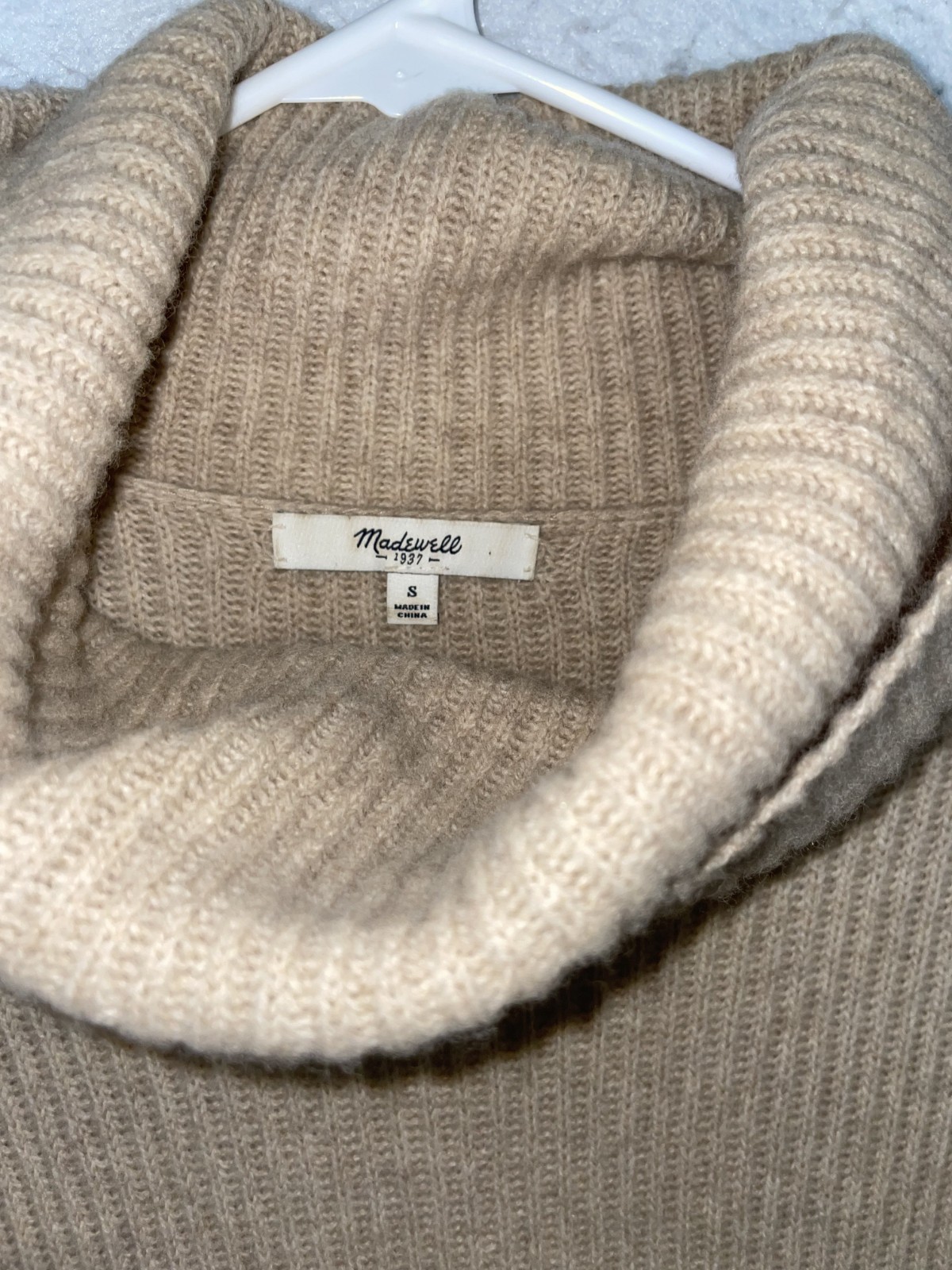 Madewell 100% Merino Wool Cowl Neck Tunic Tan Sweater Dress Size S Ribbed Knit