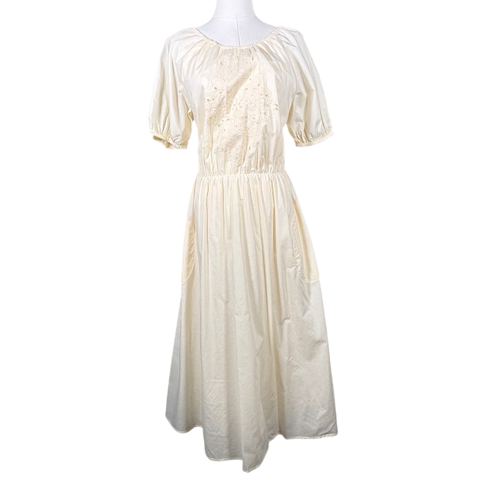 Pamela Love Cream Cotton Embroidered Lace Up Back Midi Dress Womens Medium