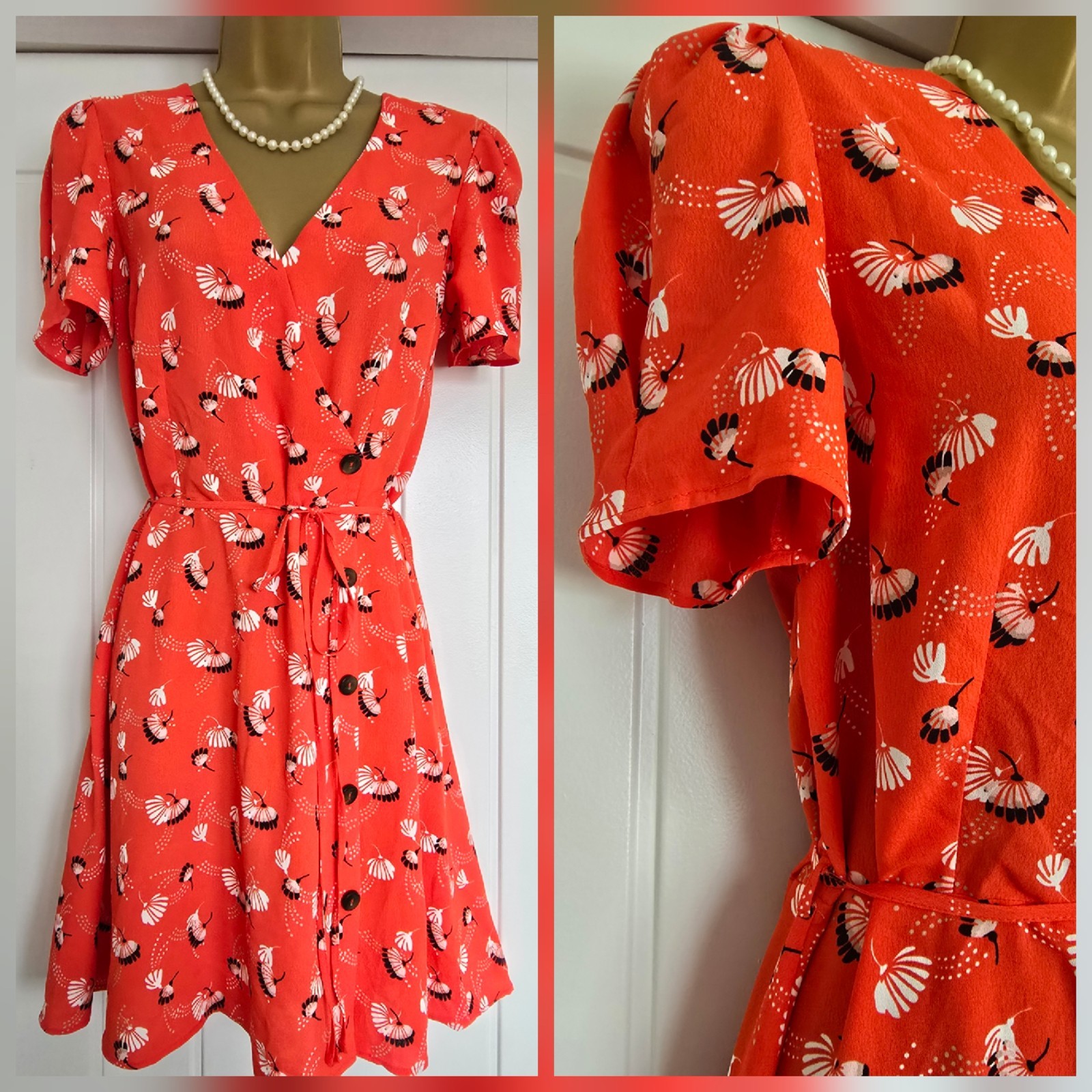 Vintage 1940s Style Red Dandelion Faux Wrap Summer Dress Size 12 RIVER ISLAND
