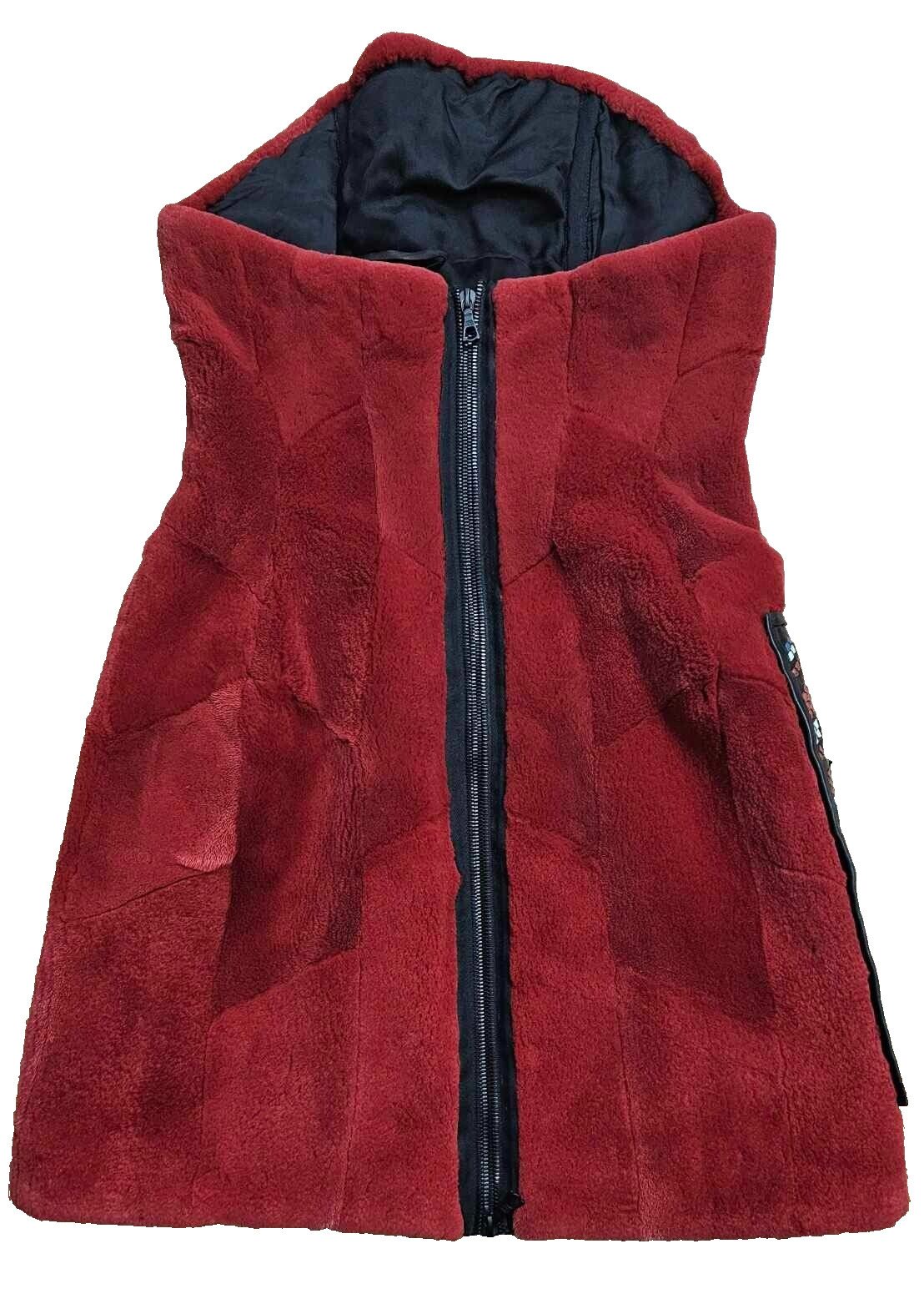 Vintage Red Shearling Fur Strapless Mini Dress w/ Beaded Leather Pocket Size M