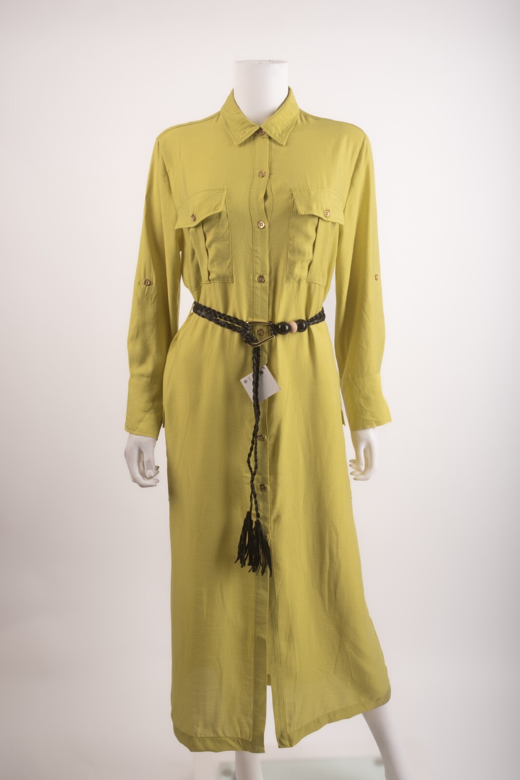 Zara Womans Shirt Dress Midi Size XS yellow Green Belted 3897/054 NWT