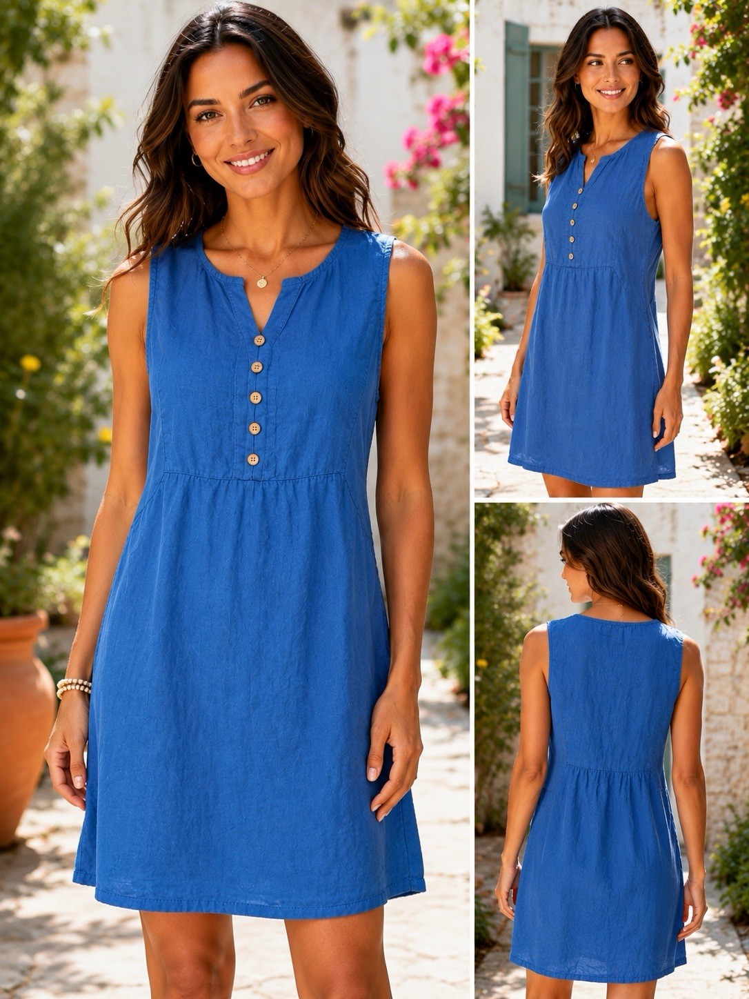 Terzo Millennio Italian Linen Shift Dress L Blue Sleeveless Made in Italy