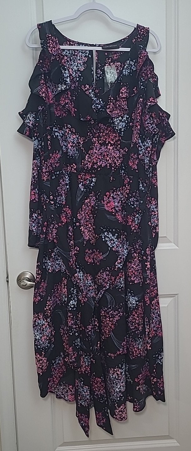 LANE BRYANT Dress Women’s Sz 24 Floral Cold-Shoulder Ruffle Hi-Low Hem Belted