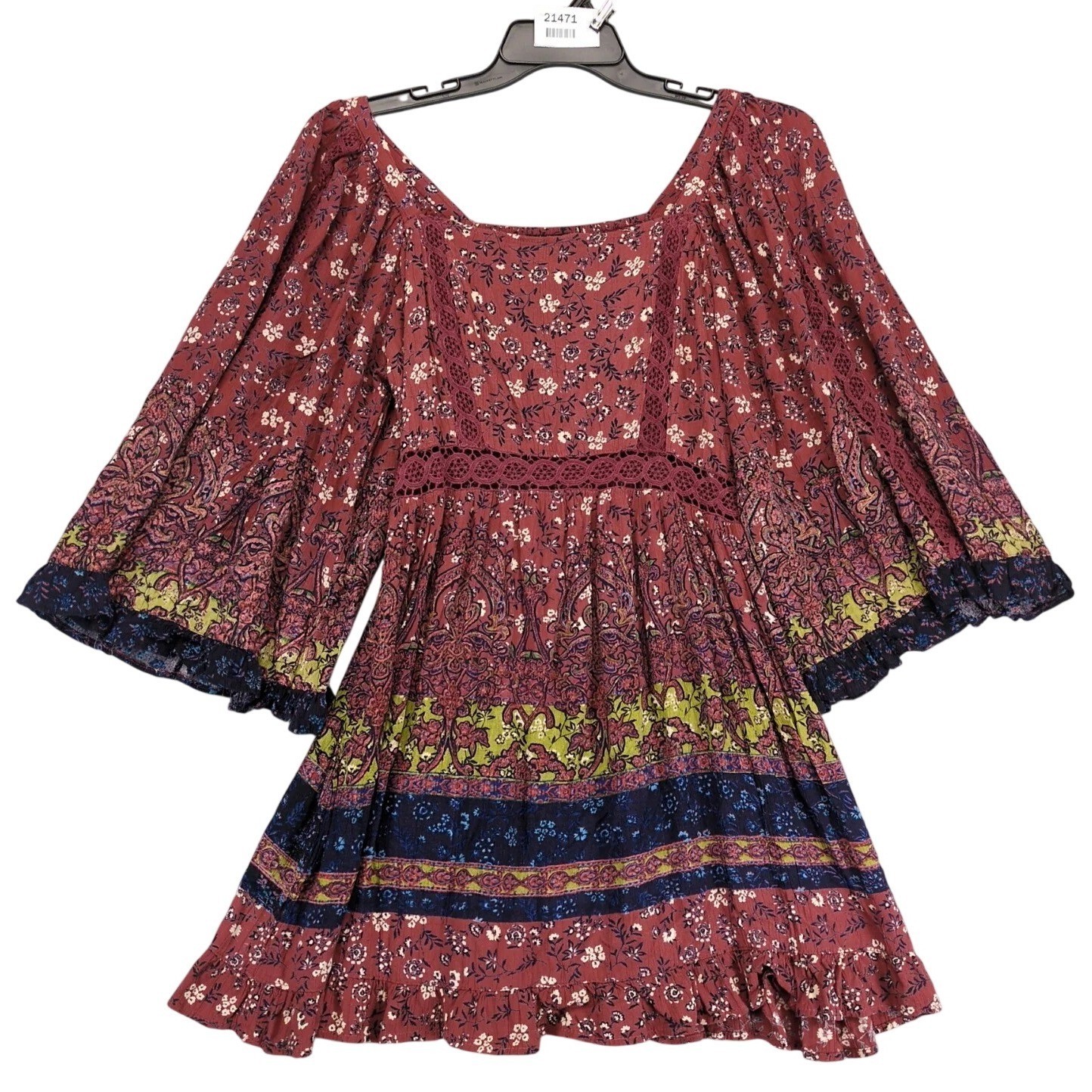 Angie Floral Peasant Dress Sz L Boho Smocked See-Thru Crochet Bell Sleeves Flowy