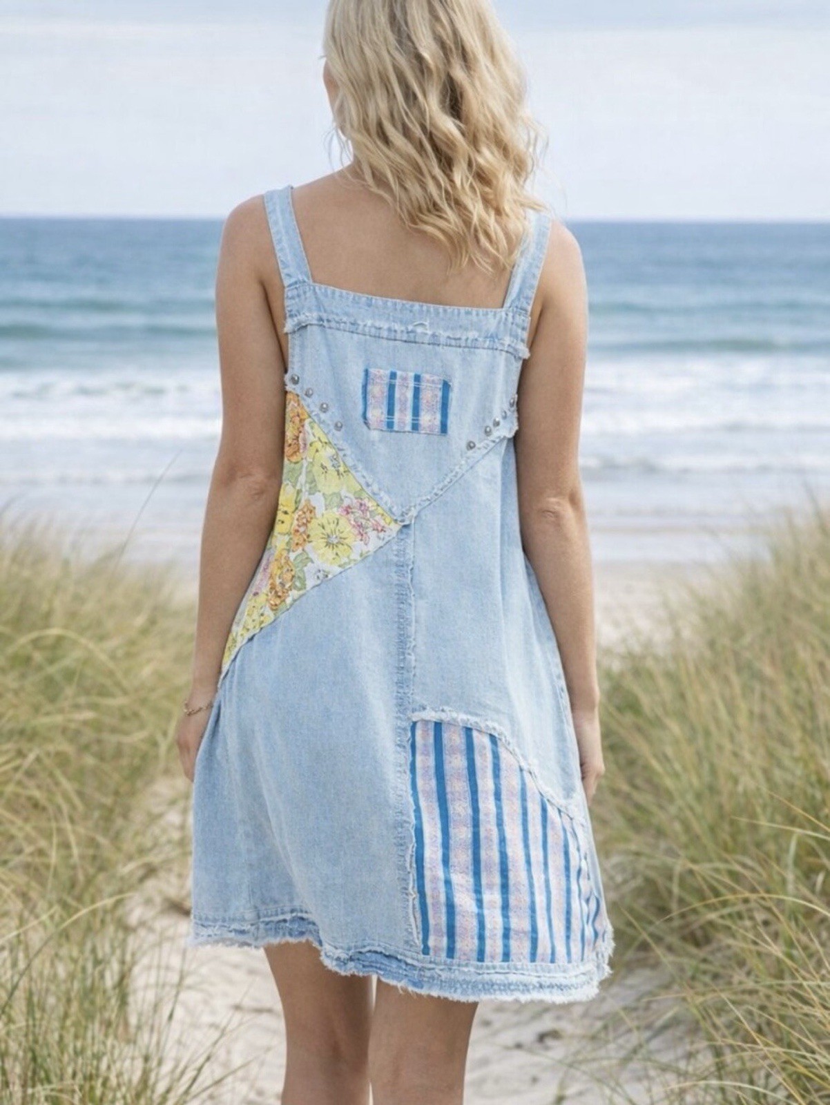 New POL Floral Patchwork Light Denim Jean Summer Dress Sz Small Studded Sold Out
