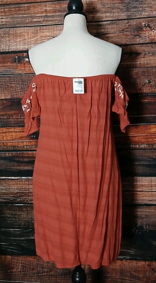 Charlotte Russe Shift Dress S Off Shoulder Clay Red Embroidered Rayon NWT