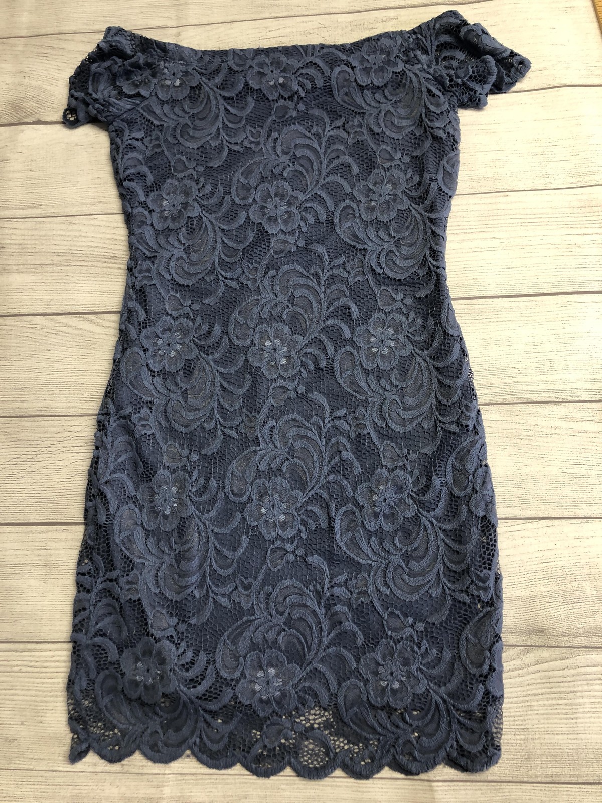 Ambiance Dress Womens Medium Blue Lace Off Shoulder Bodycon Scallop Floral Mini